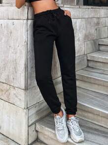 RueChic Solid Drawstring Waist Sweatpants - Black - View 4