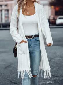 SHEIN LUNE 流苏饰边落肩开衫 - 白色 - 查看 4