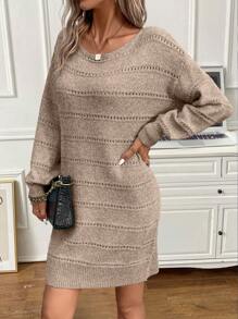 SHEIN Frenchy Drop Shoulder Pointelle Knit Sweater Dress - Khaki - View 4