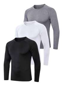 Manfinity Homme Paquete de 3 camisetas casuales de manga raglán larga y color liso para hombre, para salir