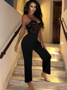 Allurite 亮片拼接吊帶連體褲 - 黑色 - 查看 4