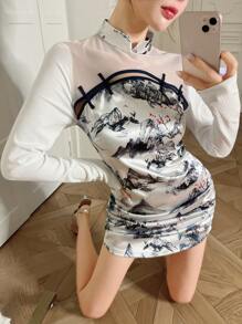 EastFlair Mountain Print Mock Neck Ruched Bodycon Satin Dress - Multicolor - View 5