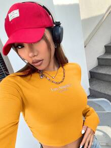 SHEIN EZwear Letter Graphic Crop Tee - Yellow - View 1