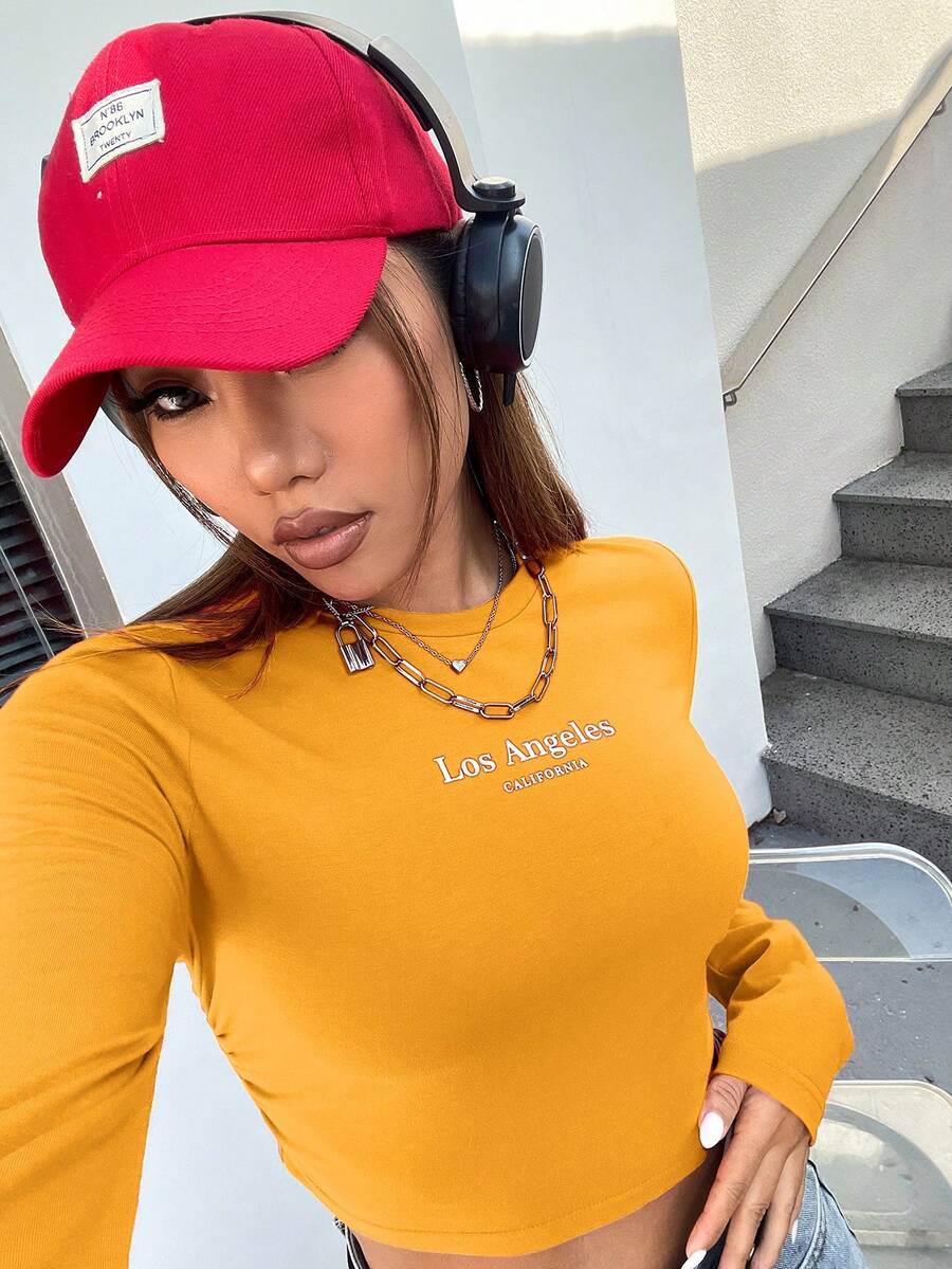 SHEIN EZwear Letter Graphic Crop Tee - Yellow - View 1