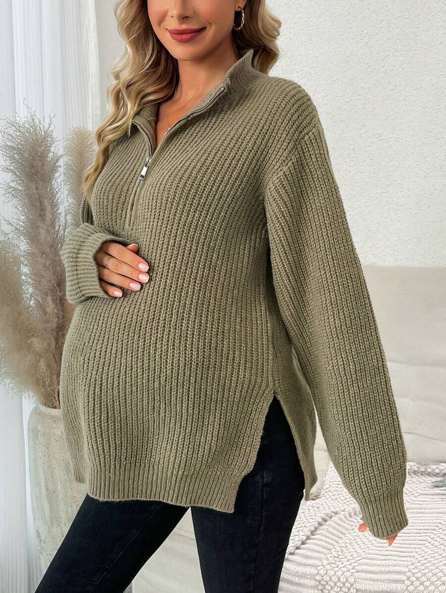 SHEIN Maternity Half Zip Drop Shoulder Split Hem Ribbed Knit Sweater, For Winter - Brown - View 1