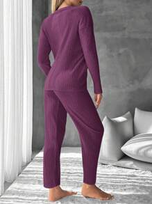 RueChic Women's Letter Print Ribbed Knit Lounge Wear Set - Red Violet - View 2