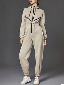 SHEIN Unity Zipper Front Elastic Waist Drawstring Hooded Jumpsuit - Apricot - View 6
