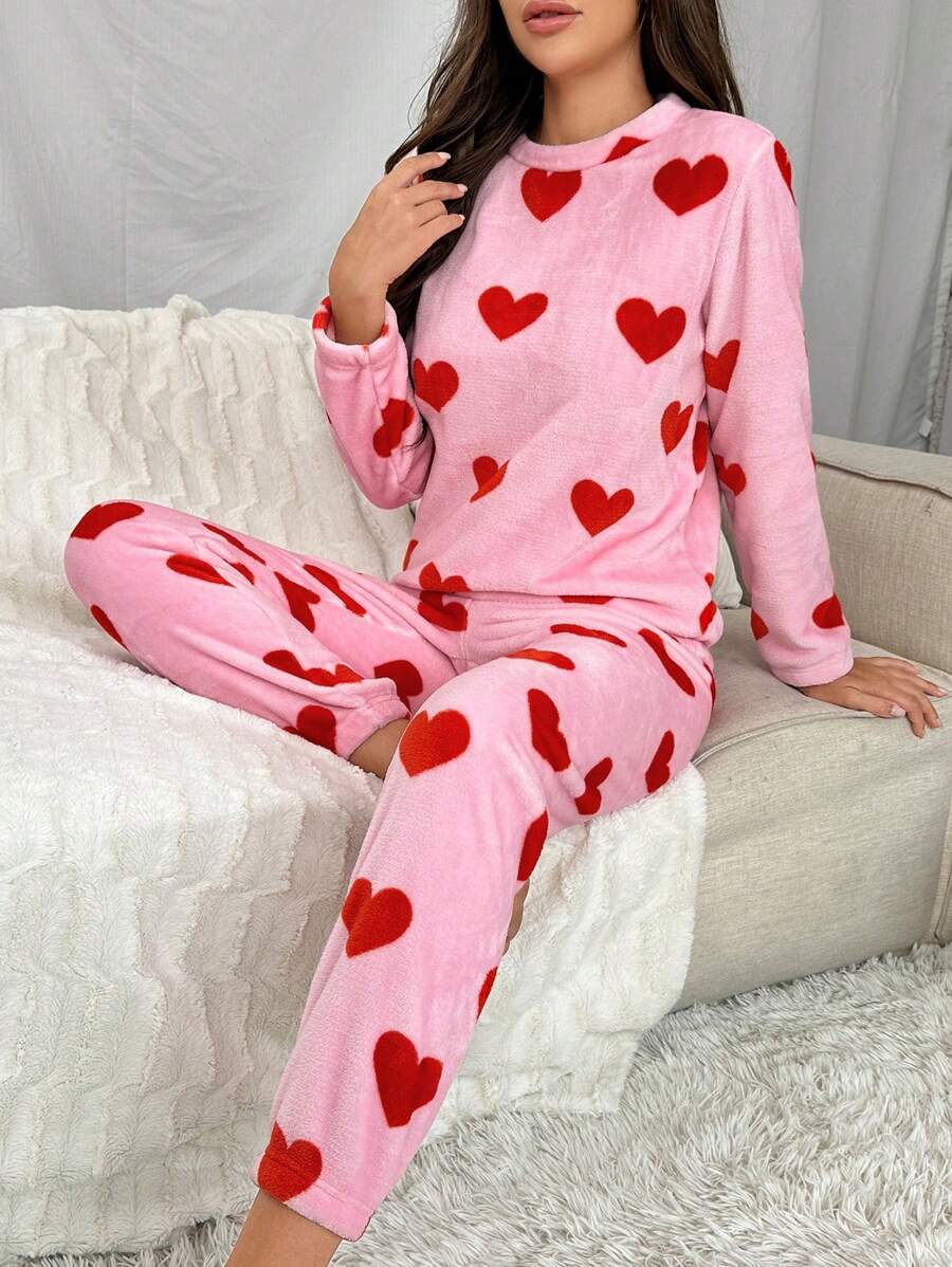 女士心形圖案印花絨毛睡衣套裝 - 粉色 - 查看 1