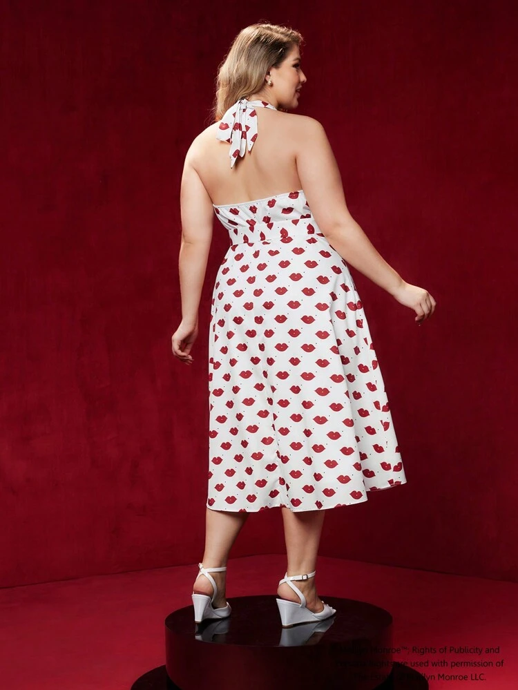 Plus Lips Print Tie Backless Self Buckle Belted Halter Dress