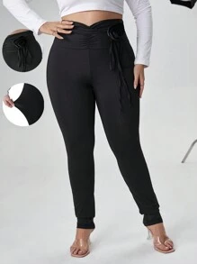 SHEIN Privé 加大碼束口腰身打底褲 - 黑色 - 查看 1