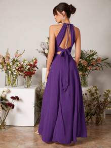 SHEIN Belle Váy phù dâu xẻ đùi cổ khoét lỗ hở Váy cưới cô dâu thanh lịch - Màu tím  Violet - Xem 2