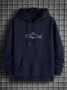 Men Shark Print Pocket Drawstring Hoodie, For Fall - Navy Blue - View 6