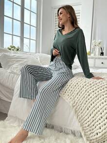 條紋印花落肩袖睡衣套裝 - 綠色 - 查看 5