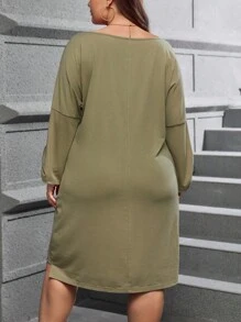 SHEIN LUNE Của phụ nữ Kích thước lớn Màu thuần Thả vai Tay áo Đầm - màu xanh lá - Xem 3