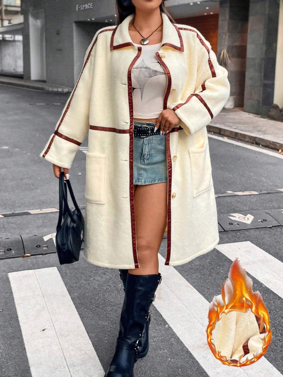 Flirla Plus Contrast Binding Dual Pocket Coat - Apricot - View 1