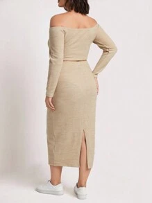 SHEIN BASICS Plus Off Shoulder Crop Top & Skirt - Khaki - View 2