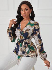 SHEIN Lady 圖案印花燈籠袖腰帶襯衫 - 彩色 - 查看 4