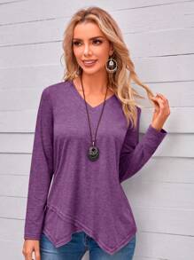EMERY ROSE V-Neck Asymmetrical Hem Long Sleeve Top - Purple - View 1