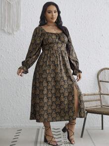 SHEIN VCAY Plus Size All Over Floral Print Sweetheart Collar Dress - Multicolor - View 5