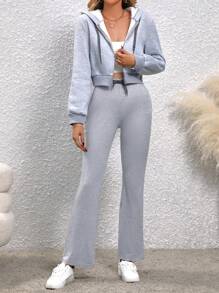 SHEIN LUNE 標語圖案拉鏈連帽衫&喇叭褲 - 灰色 - 查看 4