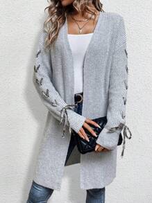 SHEIN Essnce 系带细节落肩开衫 - 灰色 - 查看 1