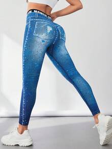 Yoga Trendy 女士字母印花運動緊身褲 - 藍色 - 查看 2