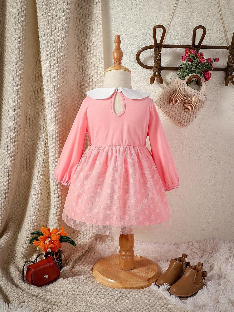 Baby Girl Floral Embroidery Peter Pan Collar Bow Front Contrast Mesh Dress