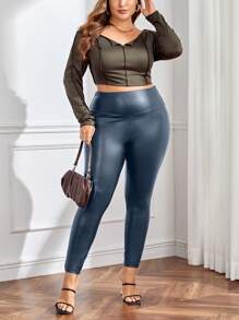 SHEIN Privé Leggings Apretados De Talla Grande De Pu - Azul Marino - Ver 5