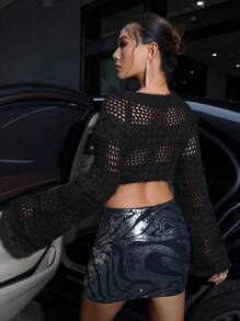 SHEIN ICON Hollow Out Flare Sleeve Crop Sweater - Black - View 3