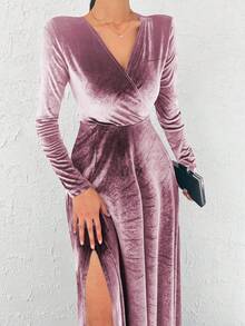 Surplice Neck Split Thigh Velvet Dress - Pink - View 3