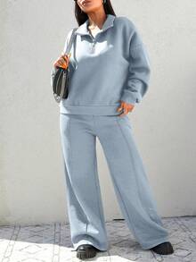 SHEIN Cottnline Plus Size Solid Color Fleece Hoodie And Exposed Seam Sweatpants Two Piece Set - Baby Blue - View 3