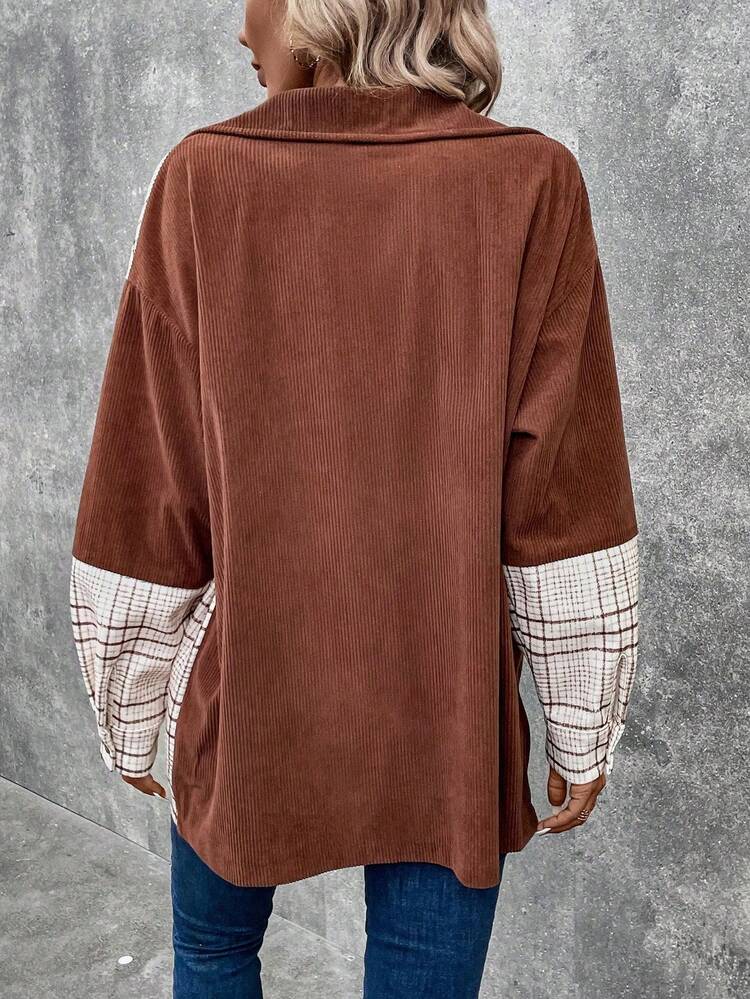 Plaid Print Drop Shoulder Pocket Patched Button Front Coat