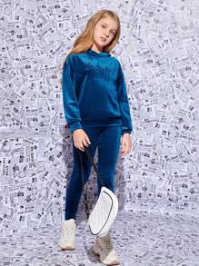 SHEIN Tween Girl Letter Embroidery Drop Shoulder Velvet Hoodie & Sweatpants - Teal Blue - View 6