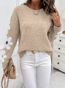 EMERY ROSE Floral Pattern Drop Shoulder Sweater,Long Sleeve Tops Knit Pullover Fall Winter Sweater - Khaki - View 4