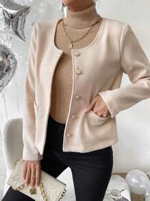 SHEIN LUNE Dual Pocket Button Front Overcoat - Apricot - View 6