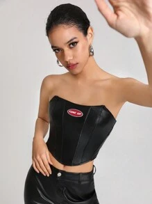 GOLDENLINE Letter Graphic PU Leather Tube Top - Black - View 1