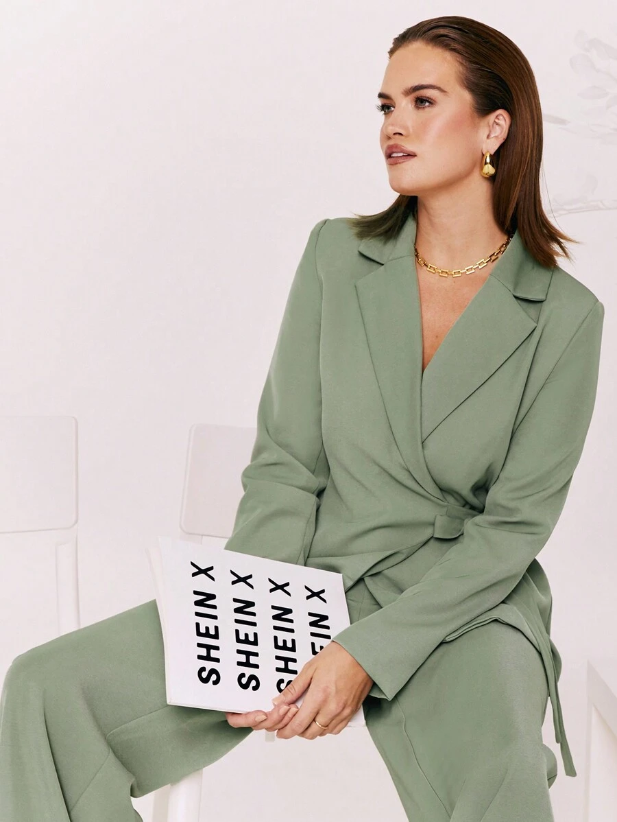 Sophia Solid Wrap Knot Side Blazer - Green - View 1