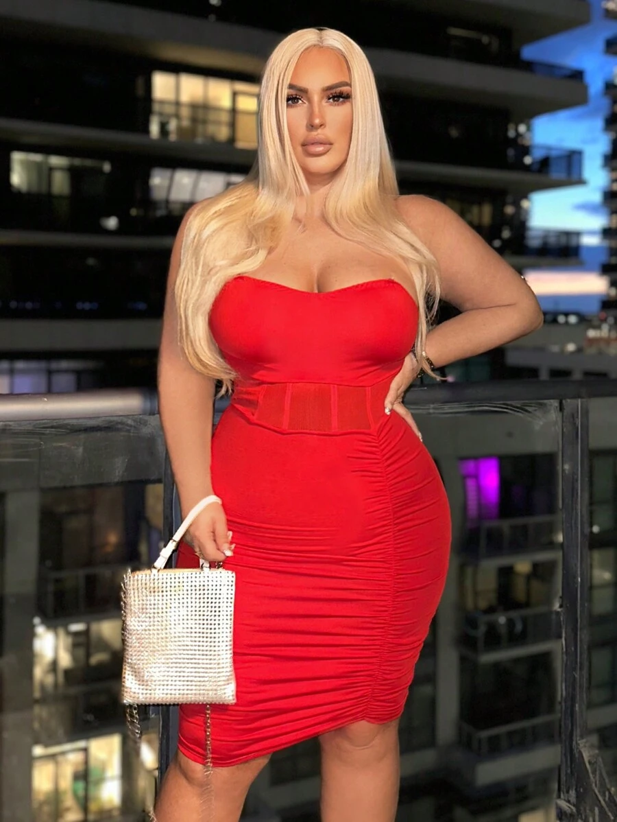 SHEIN SXY Plus Size Sexy Red Ruched Evening Dress - Red - View 1