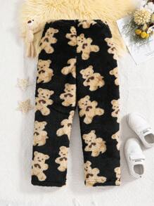 女大童熊圖案毛茸茸長褲 - 黑色 - 查看 2