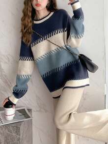 拼色落肩超大毛衣、长袖上衣