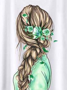 SHEIN LUNE Đồ họa Hình tay cánh Áo thun - màu xanh lá - Xem 4