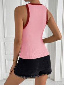 SHEIN Essnce 拼接邊背心條紋針織上衣 - 粉色 - 查看 2