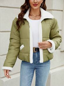 SHEIN LUNE 博格领泰迪熊衬垫加厚外套衣服冬季 - 綠色 - 查看 1