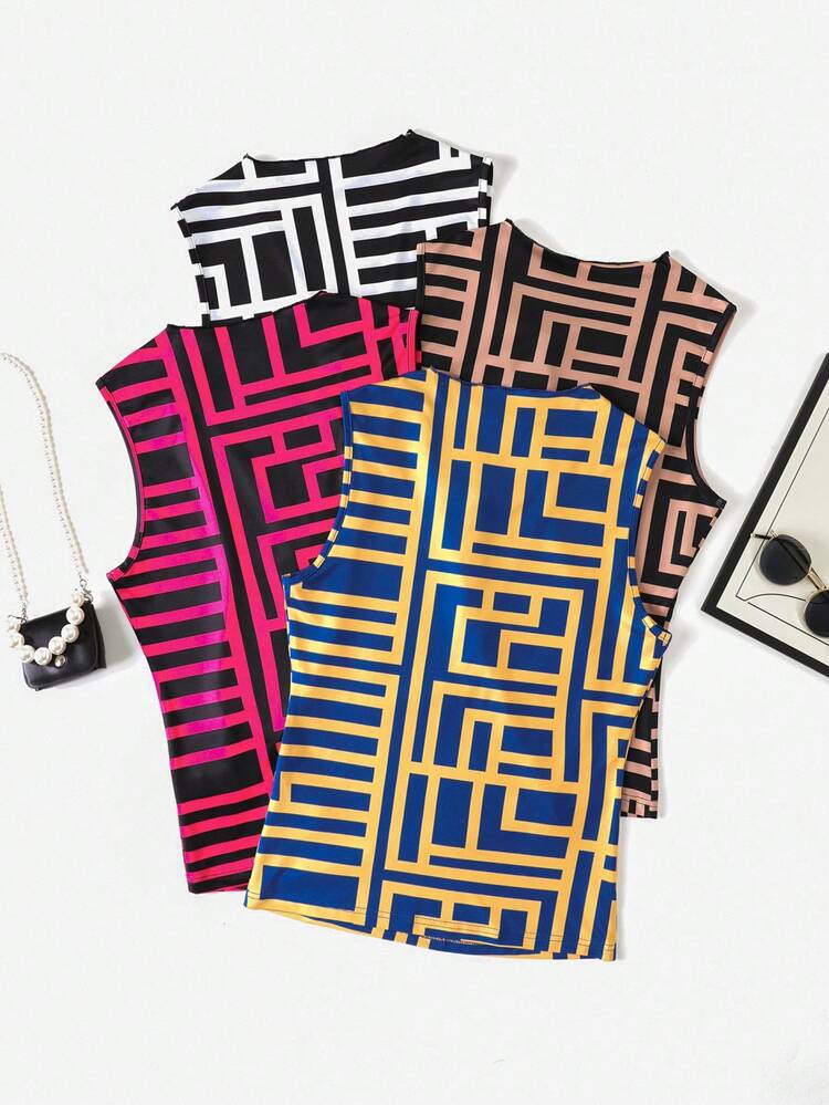 4pcs Geo Print Contrast Mesh Tank Top