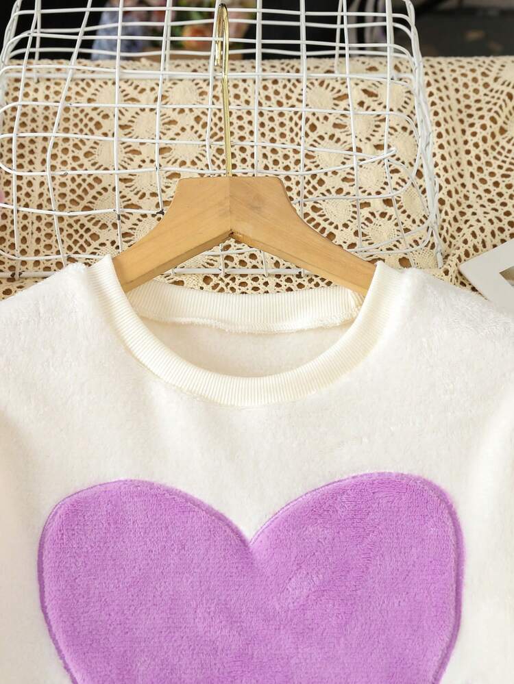 Tween Girl Contrast Letter Heart Embroidered Pajama Set