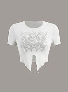 SHEIN ICON 水鑽心&翅膀圖案不對稱下擺T恤 - 白色 - 查看 1