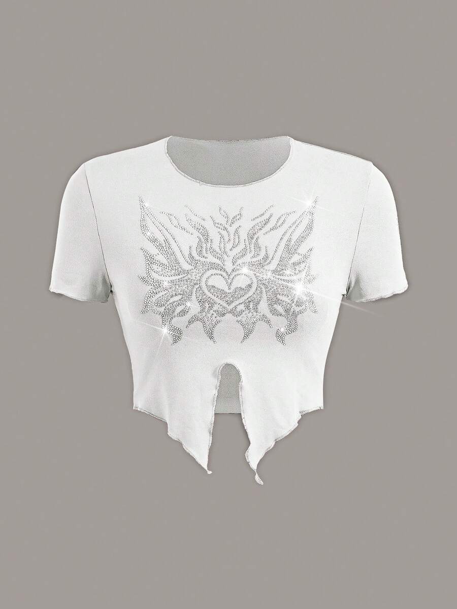 SHEIN ICON 水鑽心&翅膀圖案不對稱下擺T恤 - 白色 - 查看 1