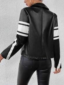 SHEIN Essnce Chaqueta De Moto Rayada Con Cremallera - Blanco y Negro - Ver 2