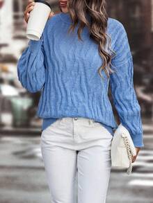 SHEIN LUNE Turtleneck Drop Shoulder Sweater - Blue - View 6
