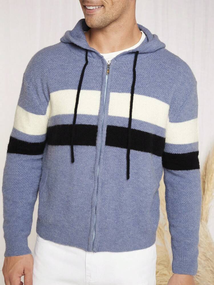 Loose Men's Color Block Drawstring Hooded Zipper Cardigan